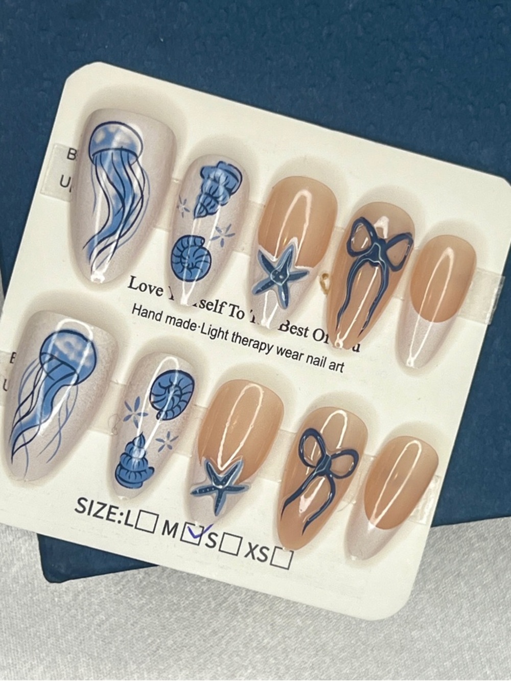Handmade Ocean-Themed Press-On Nails in Nude and Blue size M